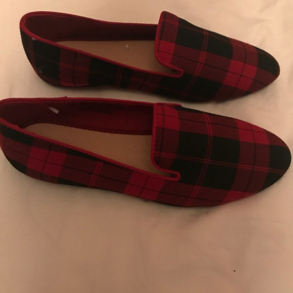 Red and black plaid loafers